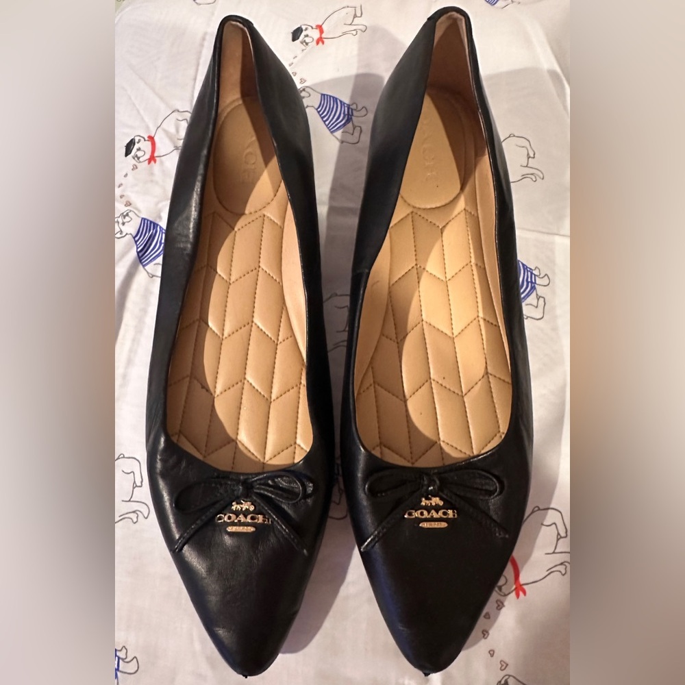 Coach Black Leather Flats with Bow Detail